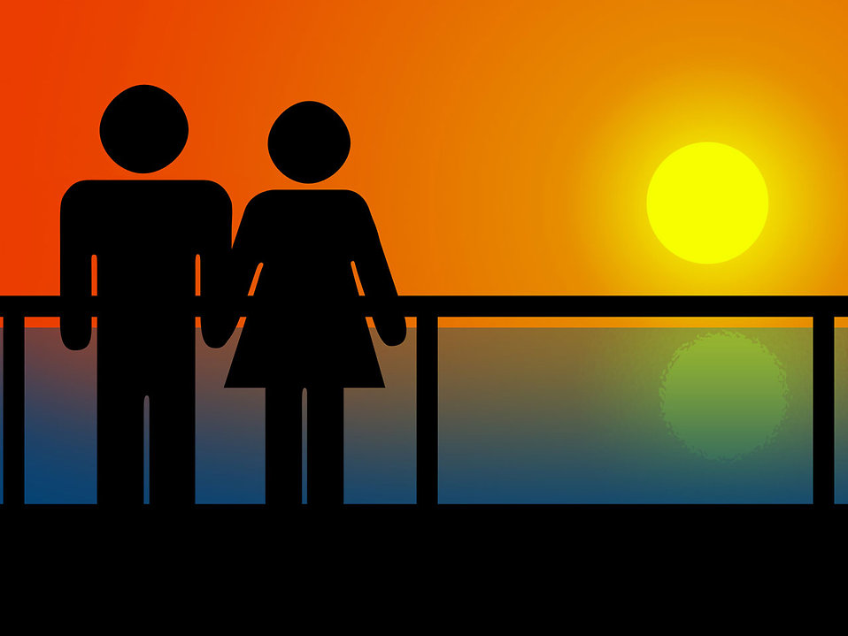 couple holding hands in sunset. Illustration of a couple