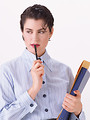 Free Stock Photo: A beautiful woman holding a binder and pen isolated on a white background