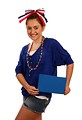 Free Stock Photo: A cute young girl dressed up for the 4th of July holding a blank blue sign