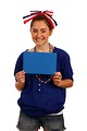 Free Stock Photo: A cute young girl dressed up for the 4th of July holding a blank blue sign