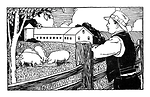 Free Stock Photo: Vintage illustration of a famer looking over pigs on his farm