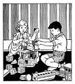 Free Stock Photo: Vintage illustration of a young boy and girl playing with toy blocks
