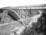 Free Stock Photo: Vintage illustration of a steel arch bridge over a river