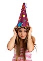 Free Stock Photo: A beautiful young girl wearing a large birthday hat
