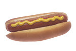 Free Stock Photo: A hot dog in a bun covered with mustard on a white background.