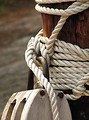 Free Stock Photo: Closeup of rope and a wooden pulley