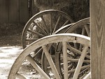Free Stock Photo: Black and white picture of wooden wheels and hay in a barn