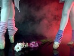 Free Stock Photo: Closeup of legs and slippers of two ballerinas with flowers and smoke