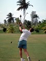 Free Stock Photo: Rear view of a man swinging a golf club on a tropical golf course
