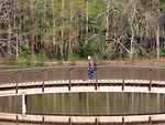 Free Stock Photo: A man walking across a bridge over a pond