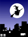 Free Stock Photo: Illustration of a witch flying over a city