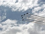Free Stock Photo: Vintage SNJ-2 WW2 fighter planes flying in formation with smoke trails