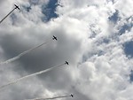 Free Stock Photo: Vintage SNJ-2 WW2 fighter planes flying in formation with smoke trails
