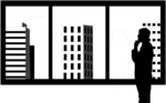 Free Stock Photo: Illustration of a silhouette of a man looking out at skyscrapers