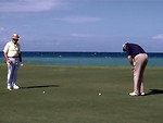 Free Stock Photo: Illustration of two men putting on a golf green by the ocean