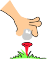 Free Stock Photo: Illustration of an unhappy golf ball cartoon being placed on a tee