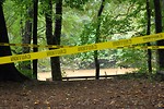 Free Stock Photo: A flooded river in the woods surrounded by caution tape